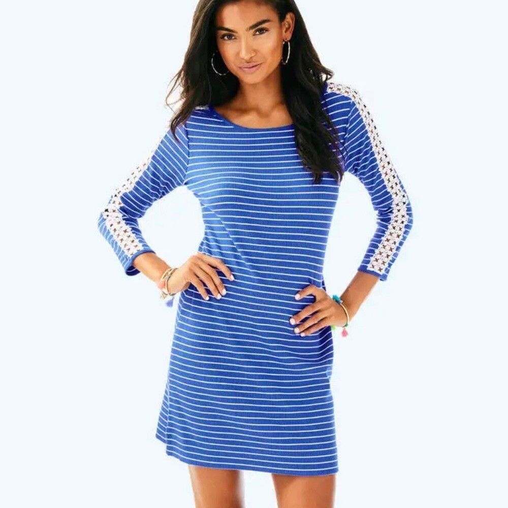 Lilly Pulitzer Size Small Marlowe Dress Beckon Blue Breeze Stripe Lace LS MINI